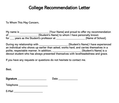 10 College Recommendation Letter Samples Free Templates