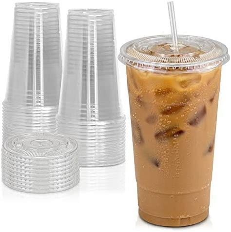 32 Oz Clear Plastic Cups With Flat Slotted Lids For Iced Cold Drinks