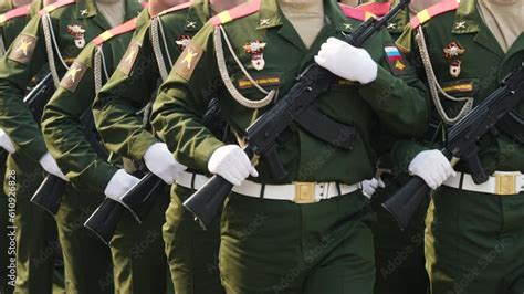 9 May Russian War Parade A Lot Of Men Soldiers Hold Ak 47 Rifle Close