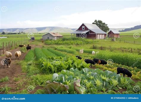 A Farm With Crops And Livestock Growing And Thriving In The Fields