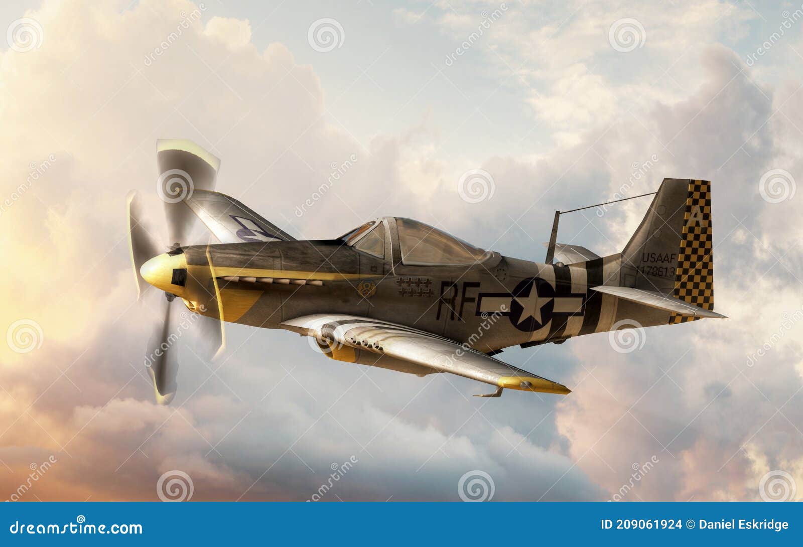 A P51 Mustang One Of The Most Iconic Of The Of American World War Ii Fighter Planes Flies Through Evening Skies In This U S Air Force Themed Art Stock Photo Alamy