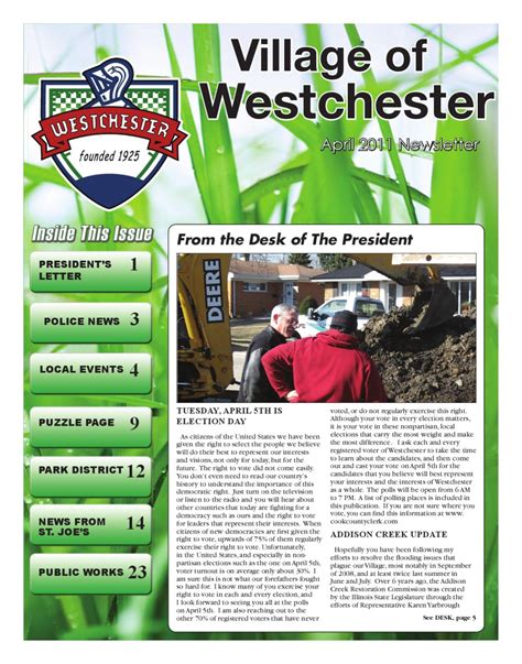 April 2016 Village Of Westchester Newsletter By Village Of Westchester