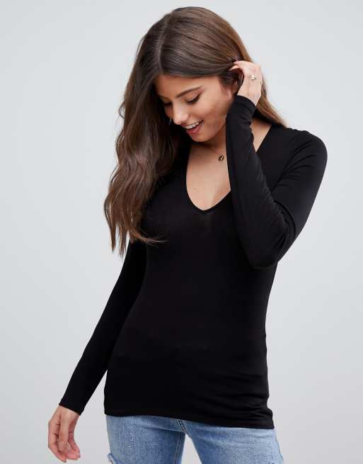 Asos Design Ultimate Top With Long Sleeve And V Neck In Black Asos