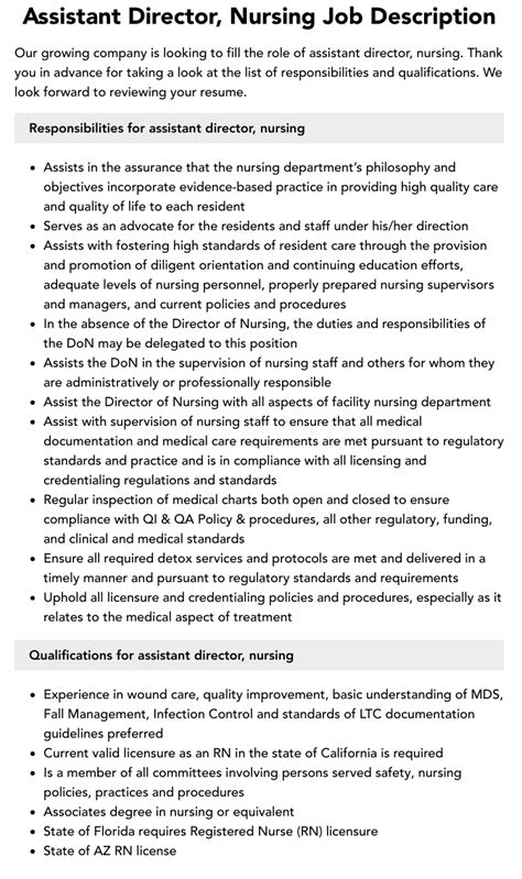 Assistant Director Nursing Job Description Velvet Jobs