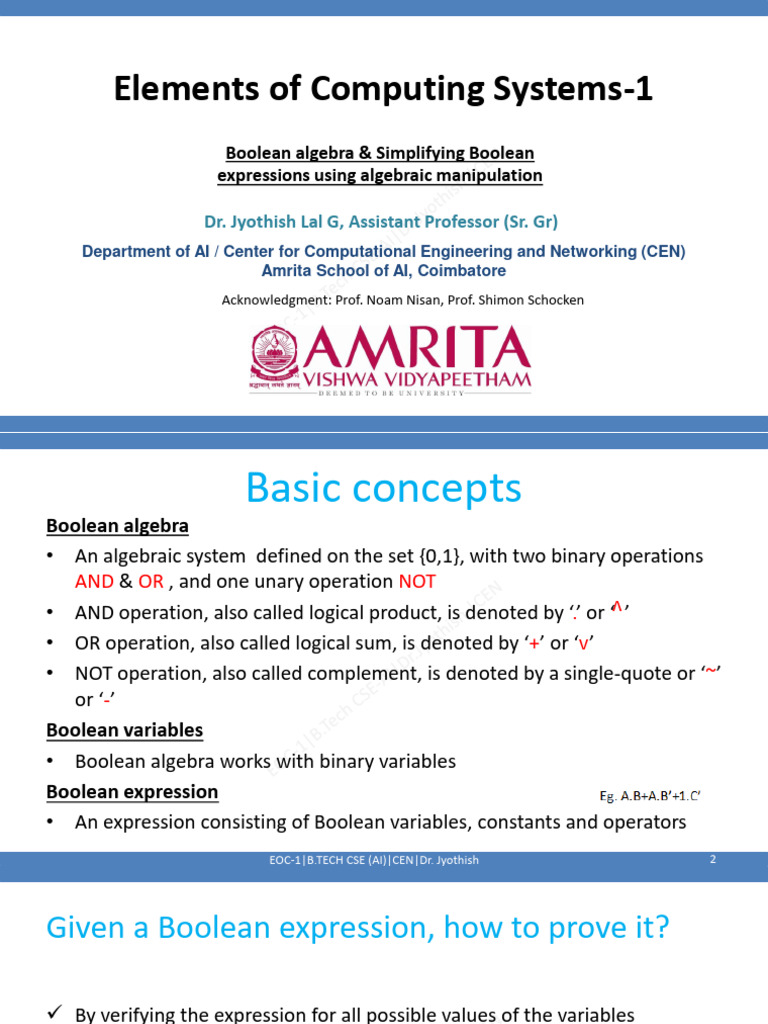 Boolean Algebra Simplifying Boolean Expressions