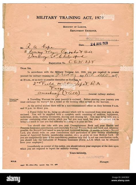 Call Up Papers For World War 2 1939 Stock Photo Alamy