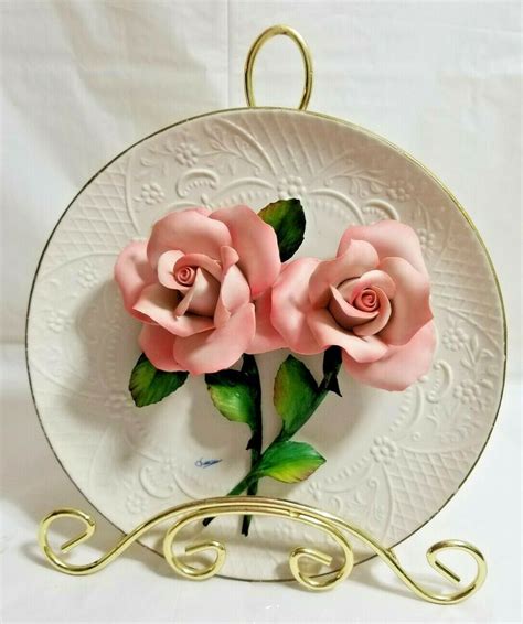 Capodimonte Italy Roses On Plate Porcelain Pink White 4 5 Tall Metal