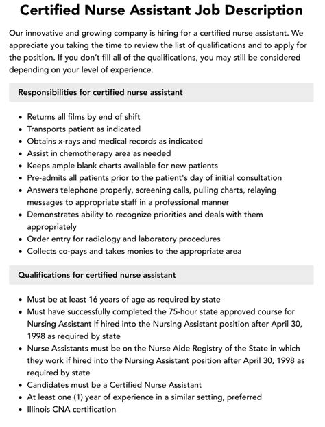 Certified Nursing Assistant Job Description