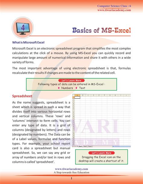 Class 6 Computer Science Chapter 4 Basics Of Ms Excel