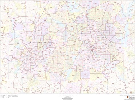 Dallas Fort Worth Texas Zip Codes 48 X 36 Laminated Wall Map