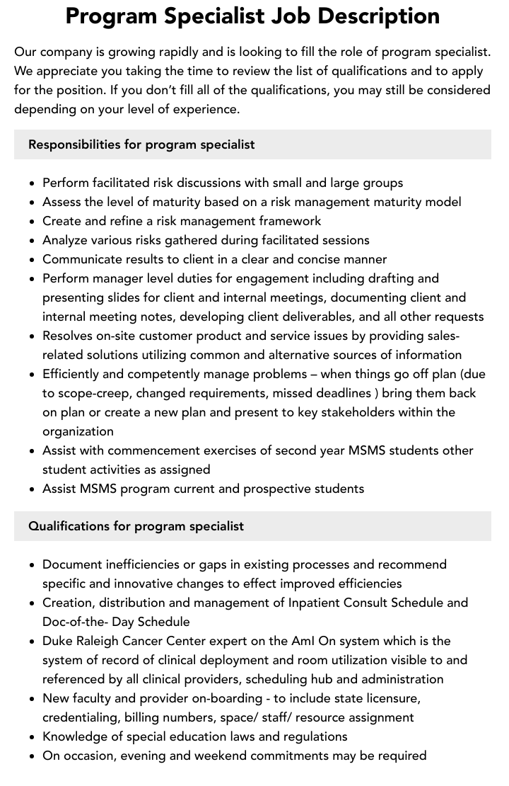 Education Program Specialist Job Description Velvet Jobs