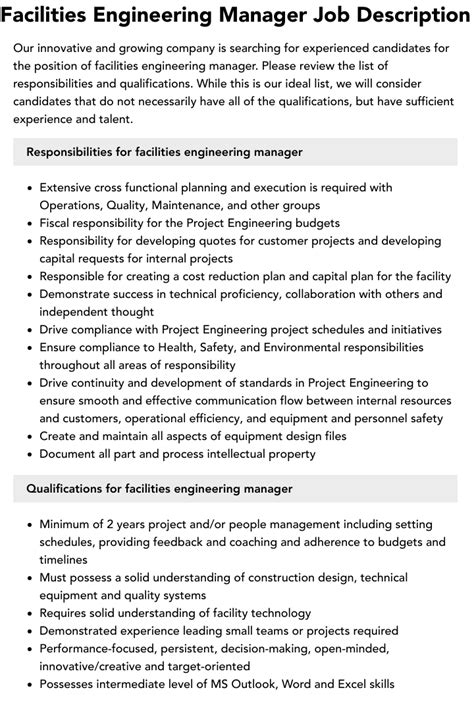 Facilities Engineering Manager Job Description Velvet Jobs