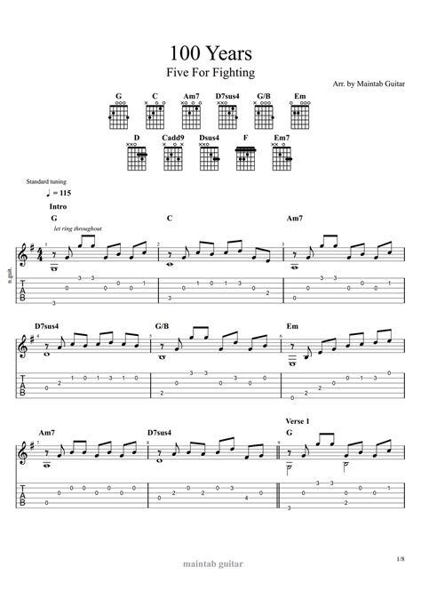 Five For Fighting 100 Years Tab By Maintab Guitar