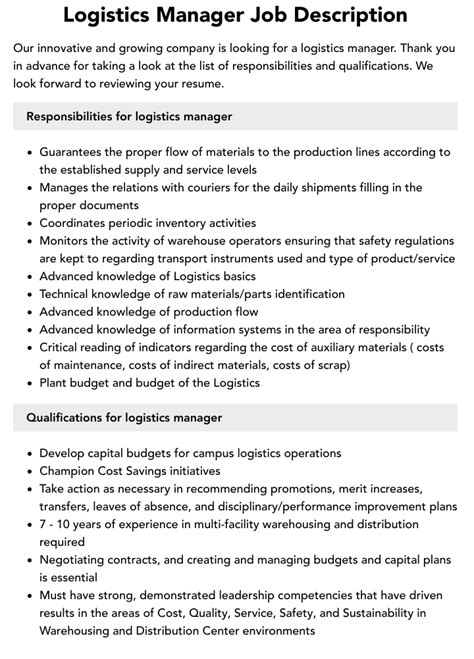 Free 10 Logistics Manager Job Description Samples In Ms Word Pdf