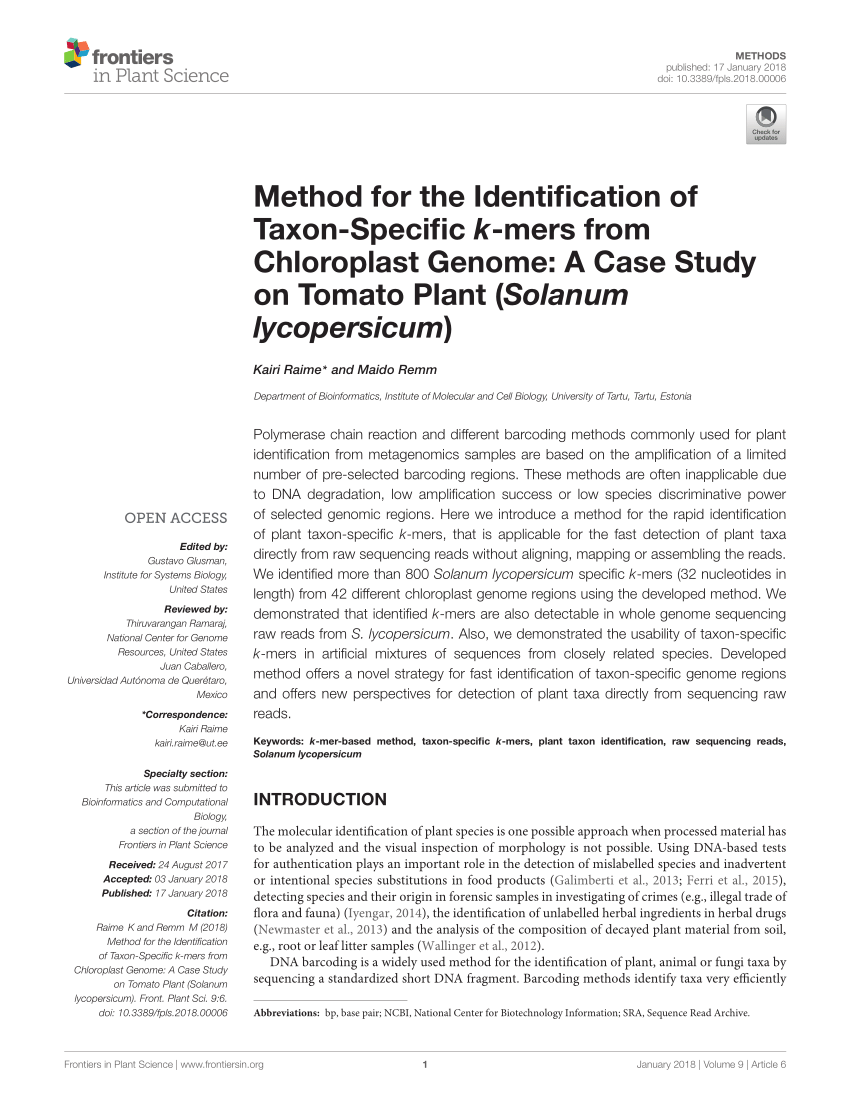 Frontiers Method For The Identification Of Taxon Specific K Mers From Chloroplast Genome A