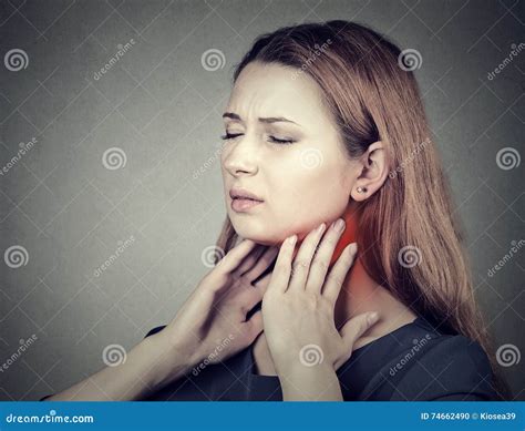 Girl Sore Throat Neck Colored Red Sick Woman Having Pain Throat Stock