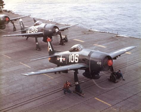 Grumman F8f Bearcat Fighters Aboard The Essex Class Aircraft Carrier