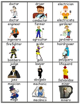 Jobs English Spanish Flash Cards School Vocabulary Word Walls Printable