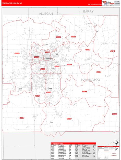 Kalamazoo County Mi Zip Code Wall Map Red Line Style By Marketmaps