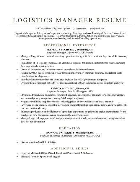 Logistics Manager Resume Templates Cv Job Description Samples