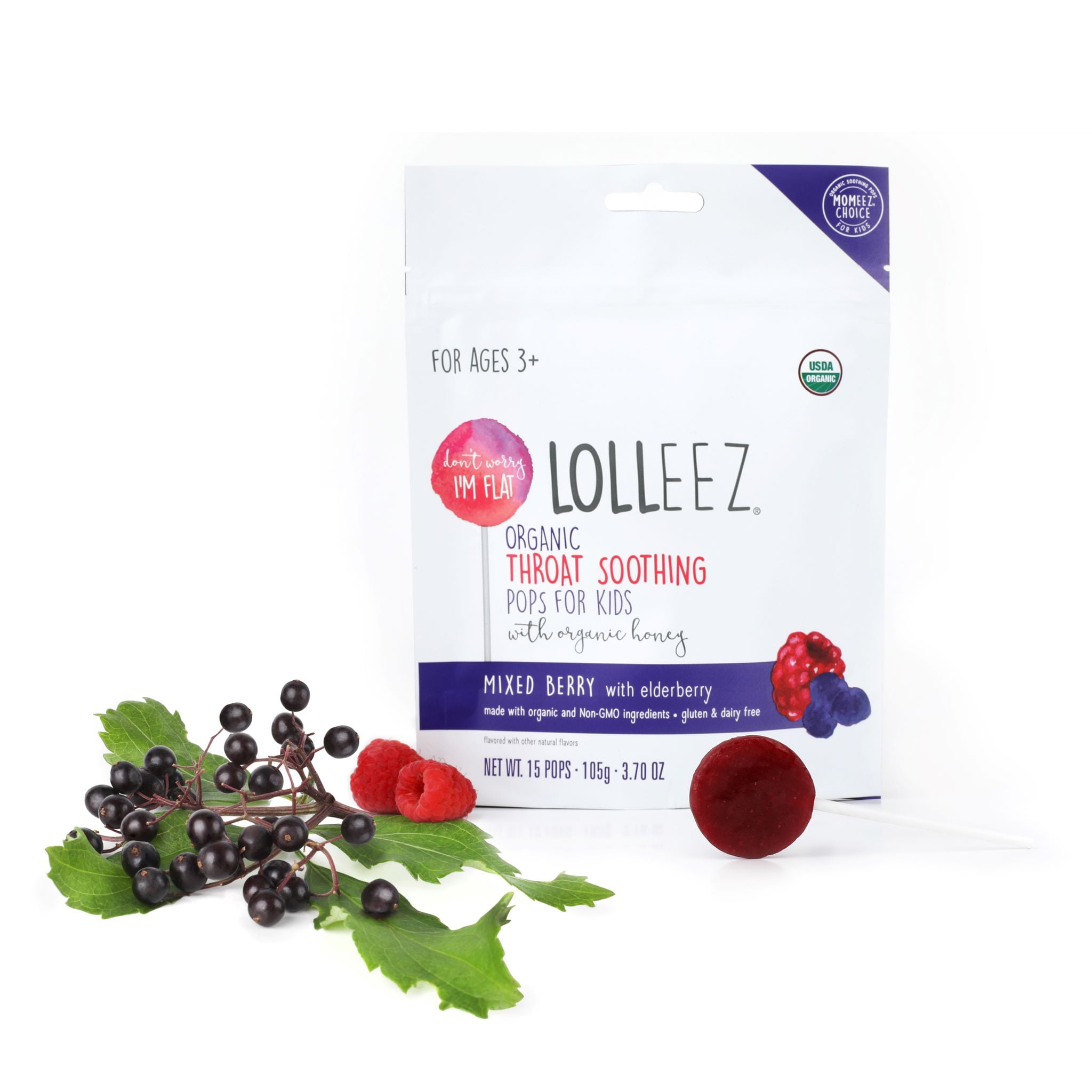 Lolleez Organic Sore Throat Soothing Flat Lollipops For Kids With Organic Honey Mixed Berry