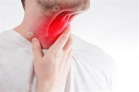 Man Touches His Sore Throat Neck Temperature Runny Nose Stock Photos