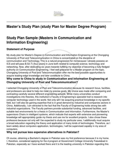 Master S Study Plan Study Plan For Master Degree Program Essay