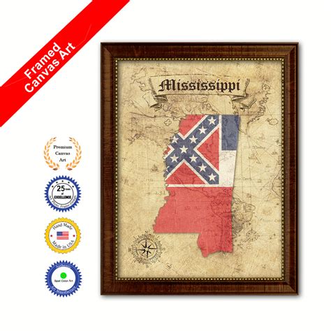 Mississippi State Vintage Map Brown Framed Canvas Print Home Decor Wall