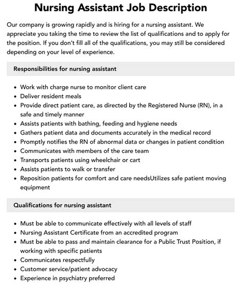 Nursing Assistant Job Description Velvet Jobs