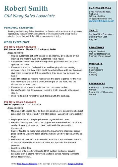 Old Navy Sales Associate Resume Samples Qwikresume