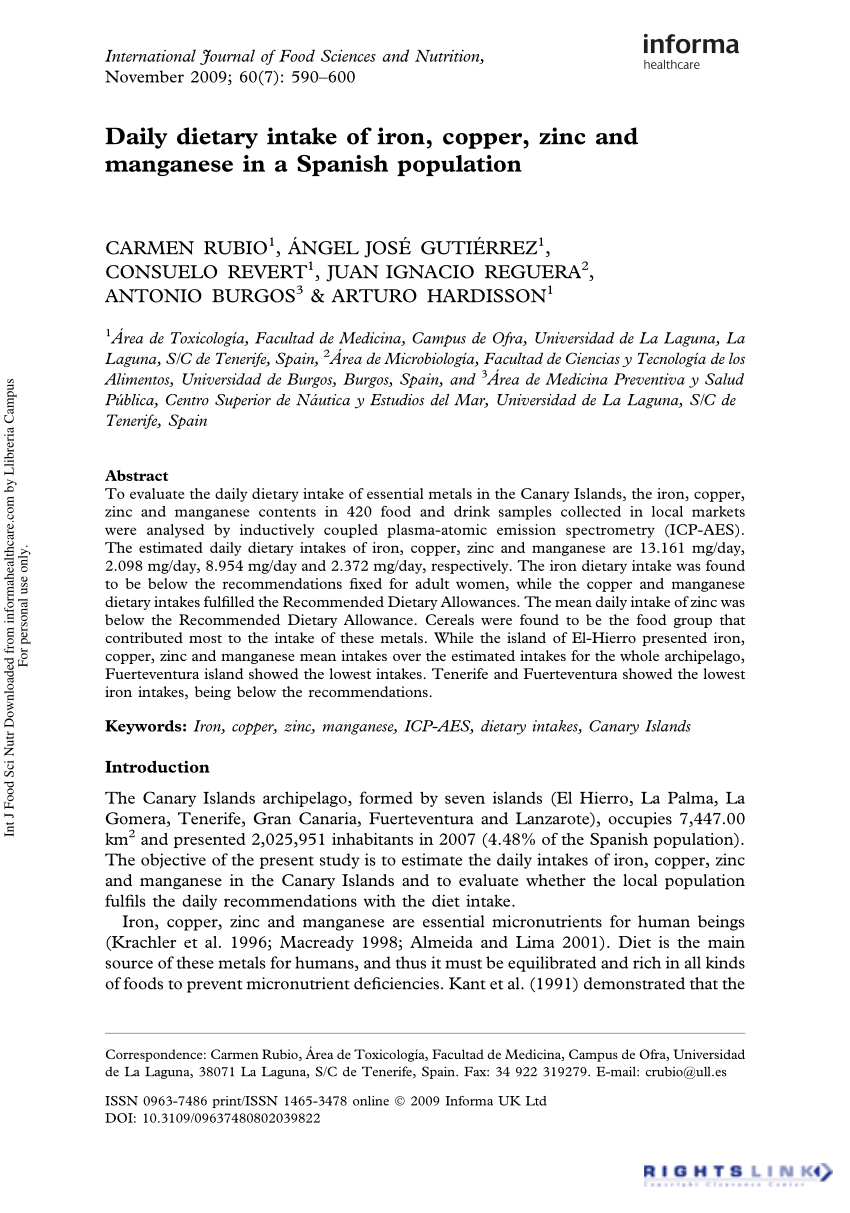 Pdf Daily Dietary Intake Of Iron Copper Zinc And Manganese In A Spanish Population