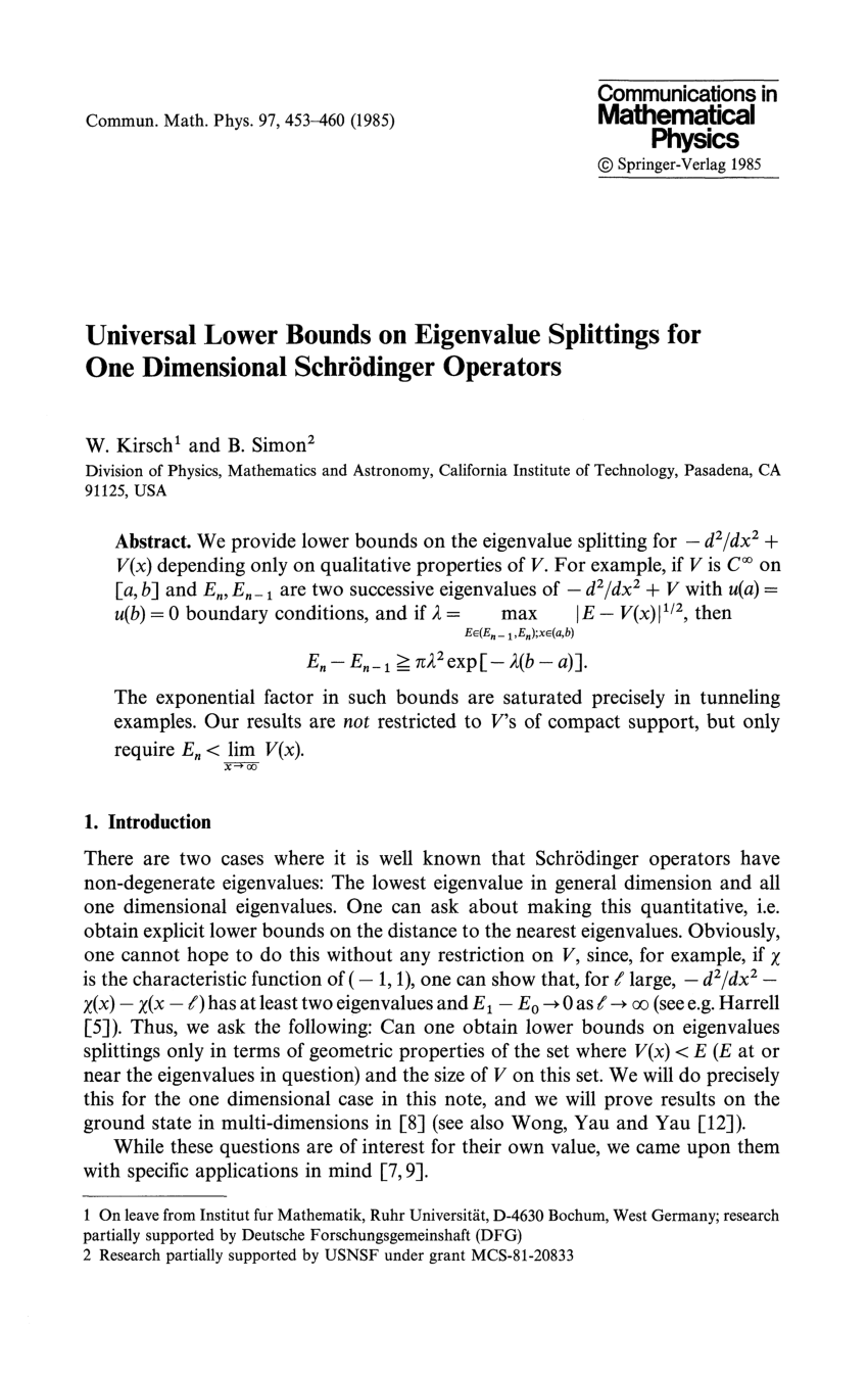 Pdf Universal Lower Bounds On Eigenvalue Splittings For One Dimensional Schr Dinger Operators