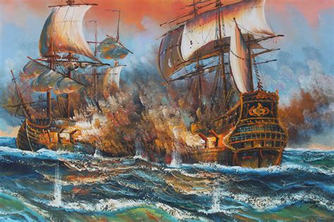 Pirate Fighting On Sea Battleships Painting In Oil For Sale