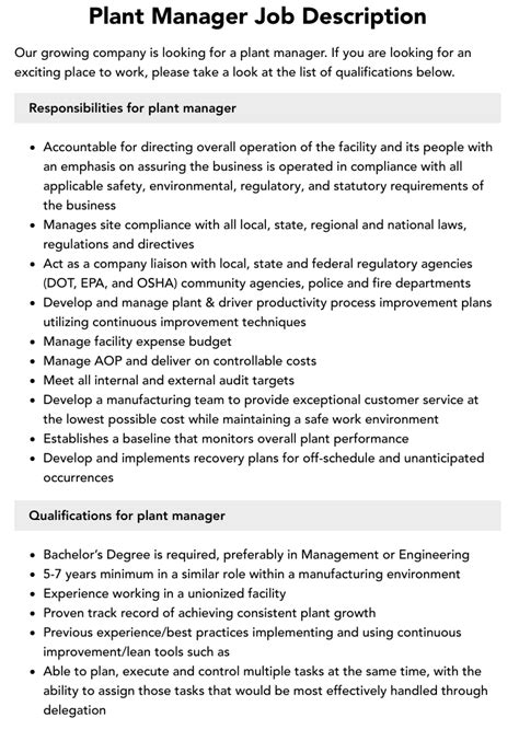 Plant Manager Job Description Velvet Jobs