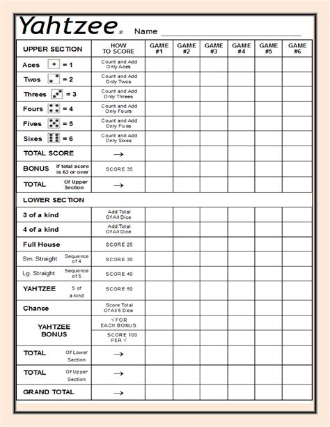 Printable Sheet Yahtzee Score Card