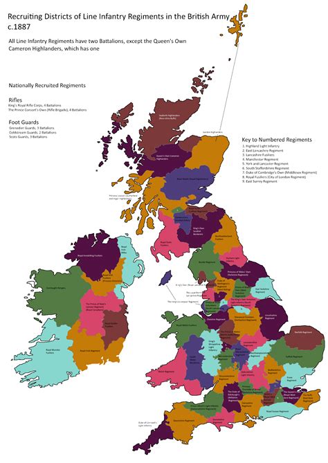 Recruiting Areas Of Line Infantry Regiments In The British Army C 1887