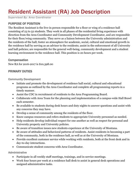 Resident Assistant Ra Job Description Purpose Of Position