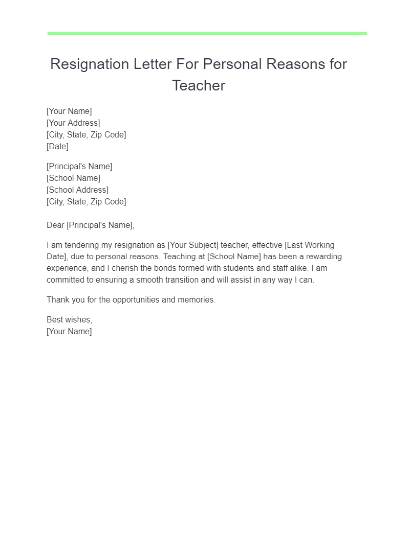 Resignation Letter Personal Reasons Sample