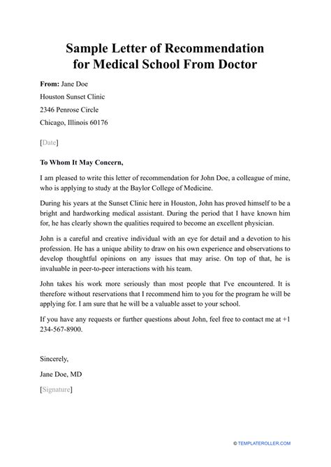 Sample Letter Of Recommendation For Medical School From Doctor Download