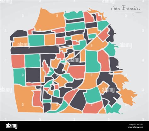 San Francisco Map With Neighborhoods And Modern Round Shapes Stock