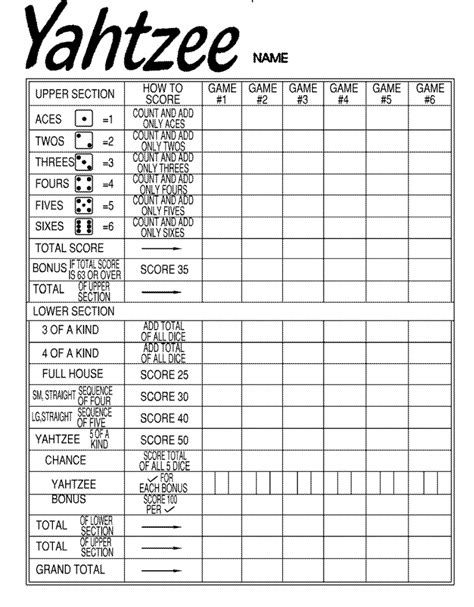 Score Sheet For Yahtzee