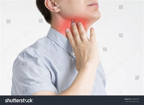 Sore Throat Men With Pain In Neck Gray Background Stock Image Image