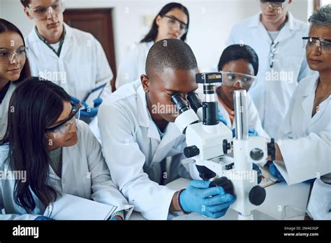 Teamwork Collaboration And Group Of Scientists With Microscope For