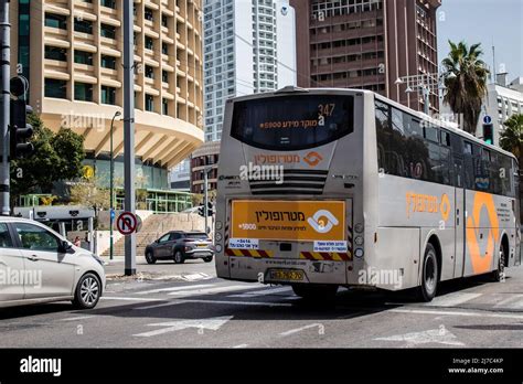 Tel Aviv Israel May 07 2022 Israeli Public Bus Driving Through The