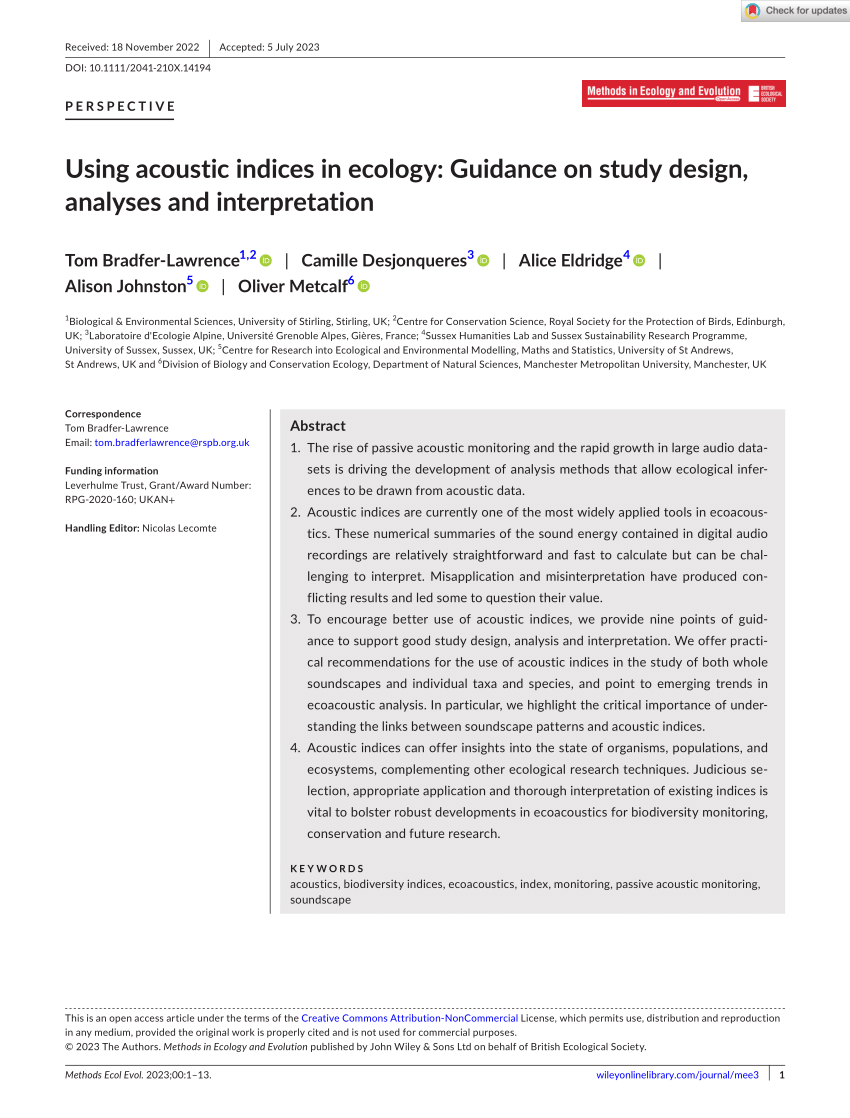 Using Acoustic Indices In Ecology Guidance On Study Design Analyses And Interpretation Bradfer Lawrence 2023 Methods In Ecology And Evolution Wiley Online Library