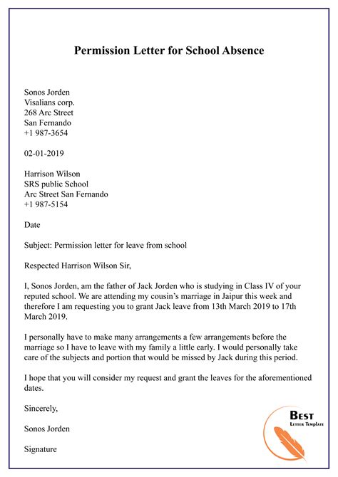 Write An Application For Leave Of Absence From School Formal Letter Template Writing A Cover