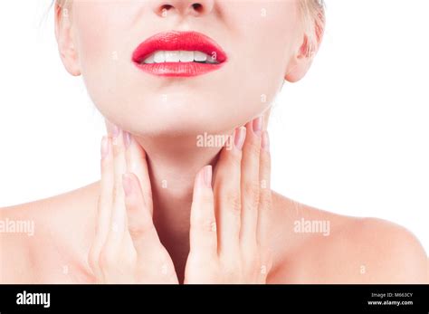 Young Woman Has Sore Throat Touching The Neck Stock Photo Image Of